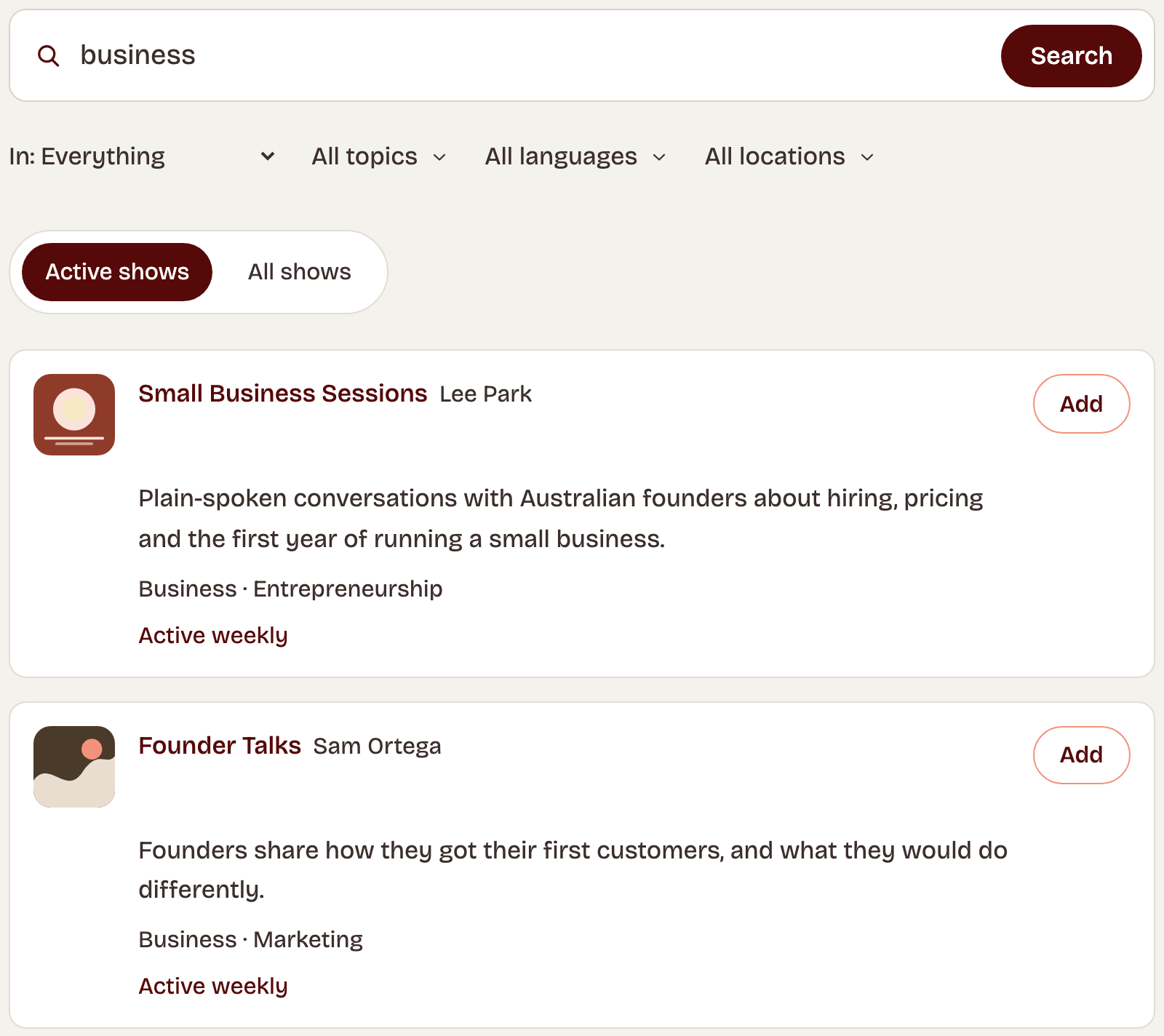 Search: search with topic, language and location filters and a list of shows