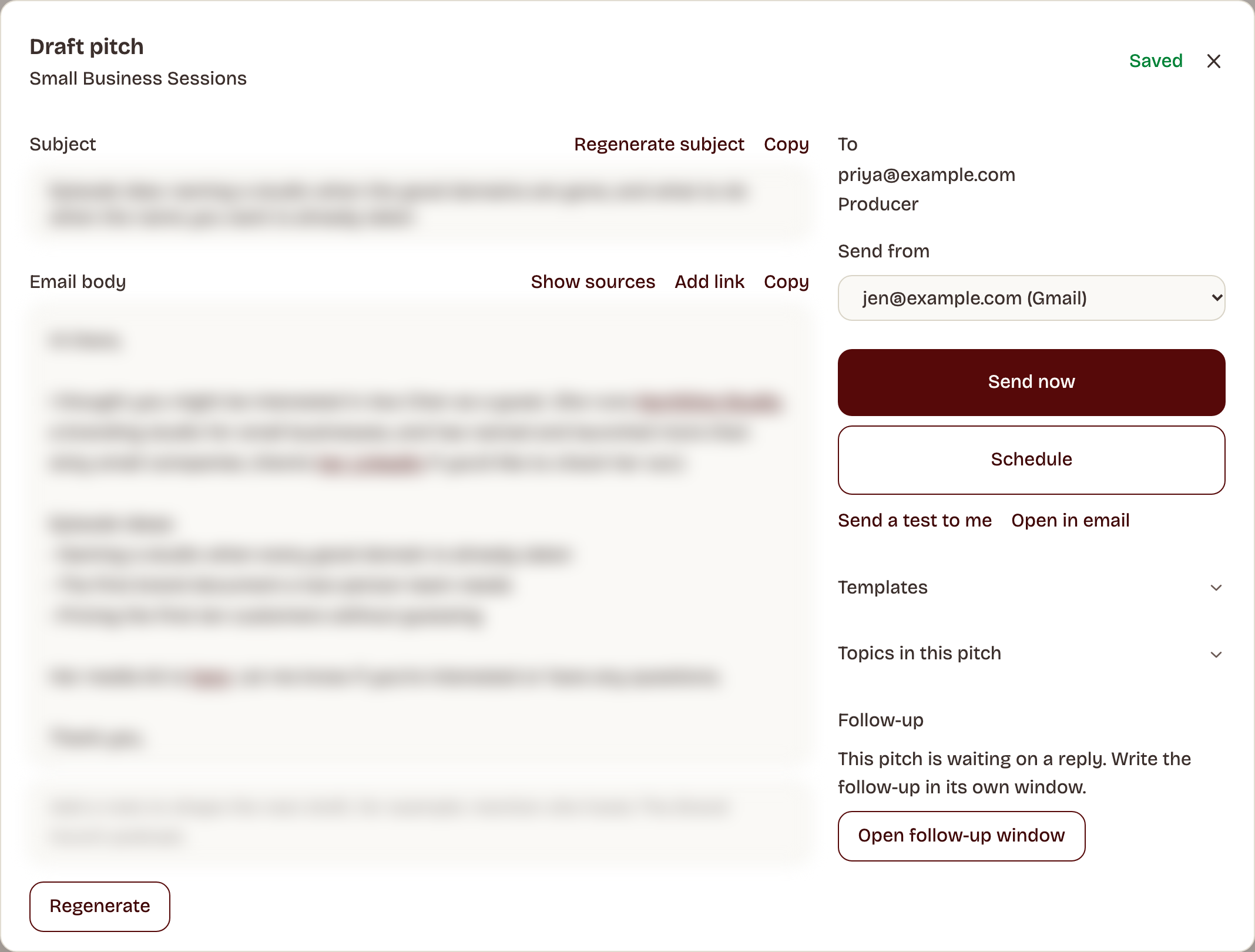 The pitch screen: an editable subject line and email body with the contact, greeting and send options