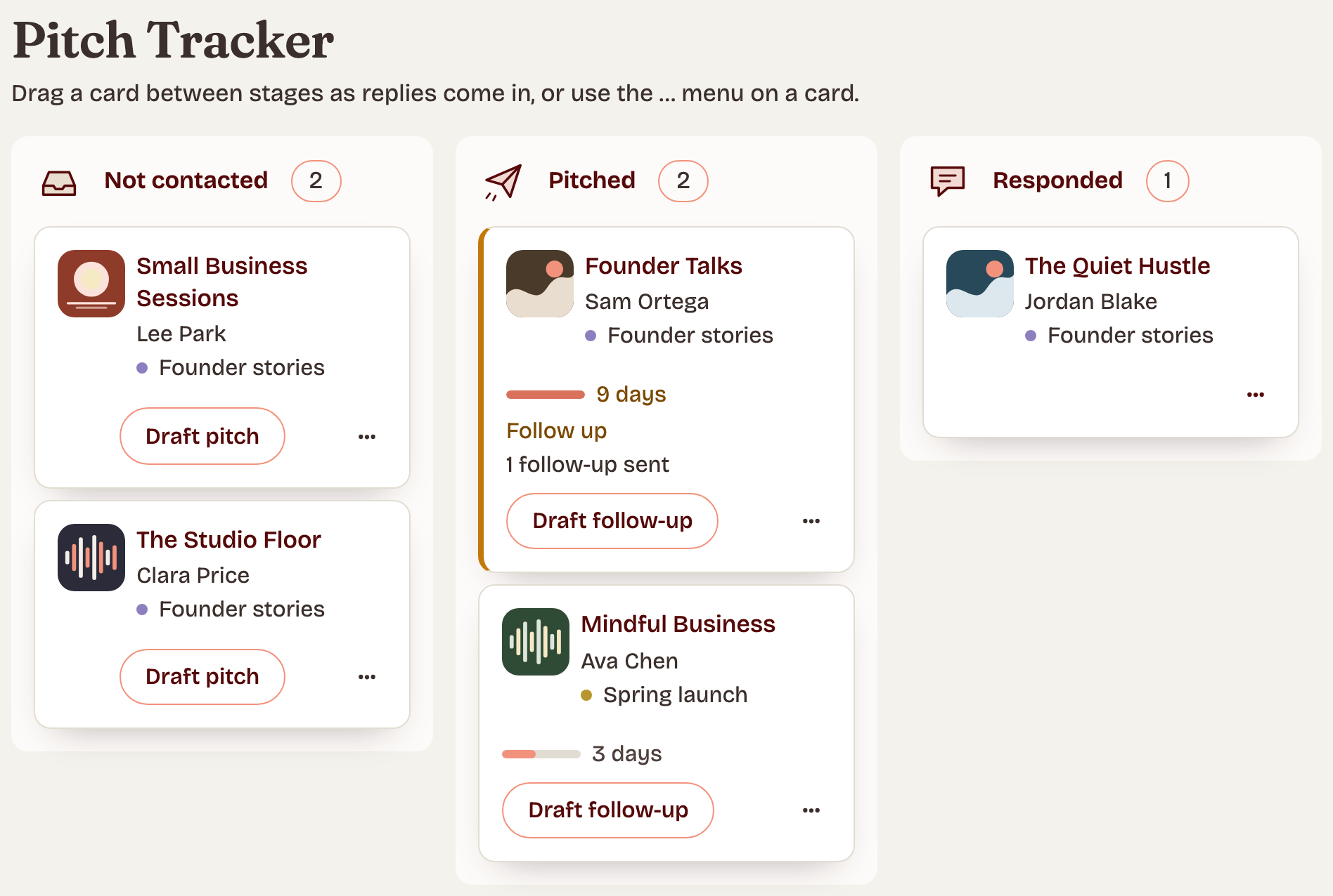 The Pitch Tracker: a board from Not contacted to Pitched, Responded, Booked and Closed