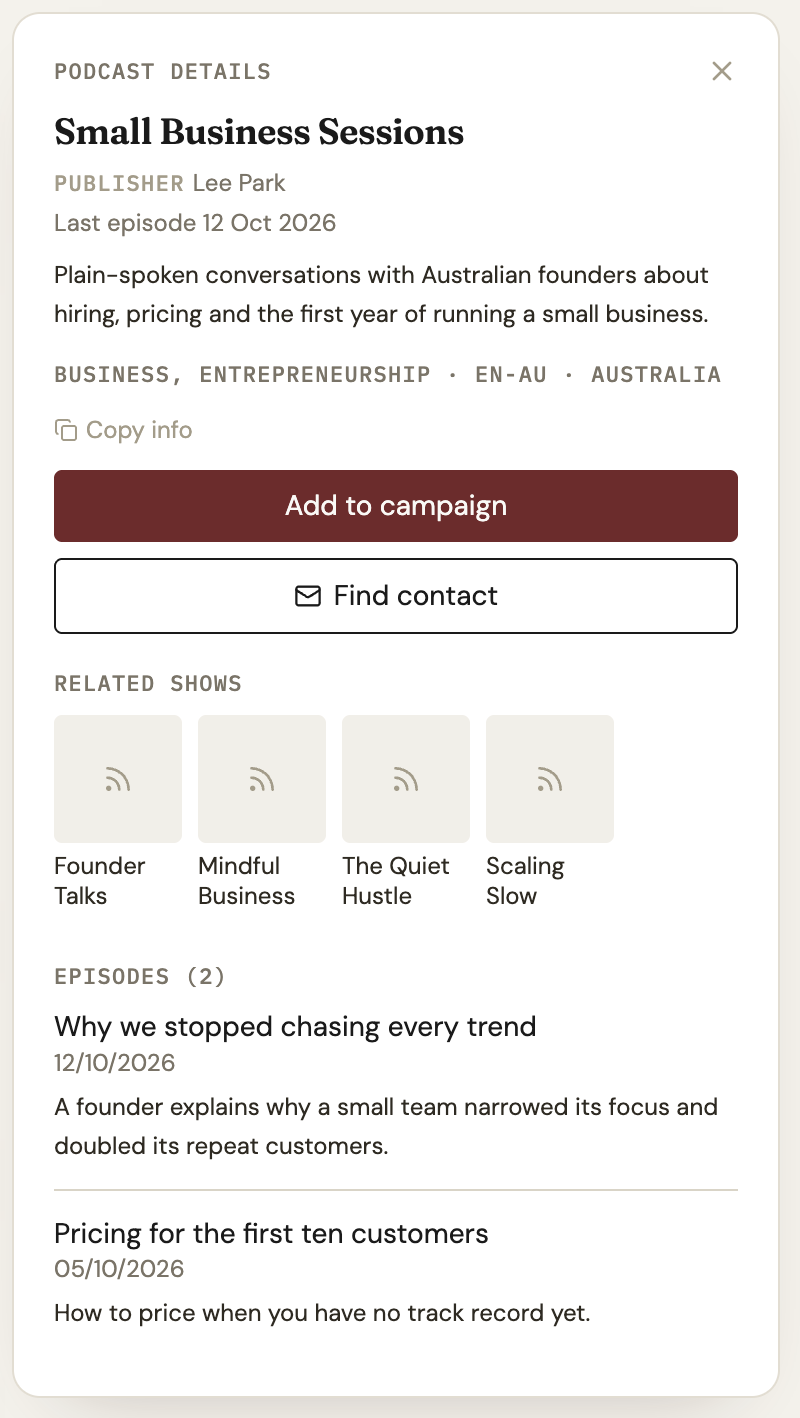 A podcast's detail panel in The Podcast Assistant, showing a Find contact button