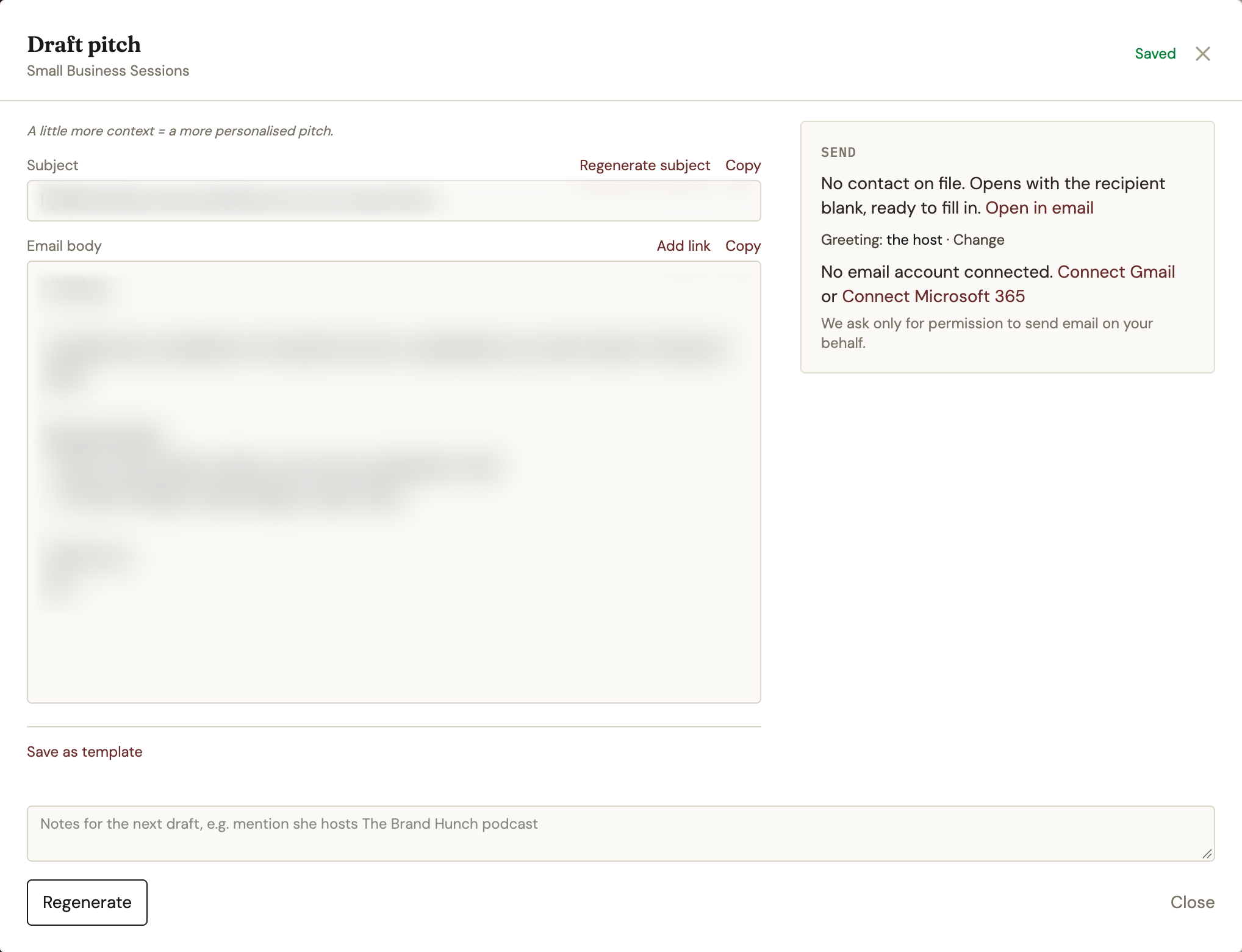 The Podcast Assistant's draft pitch screen, showing an editable subject line and email body
