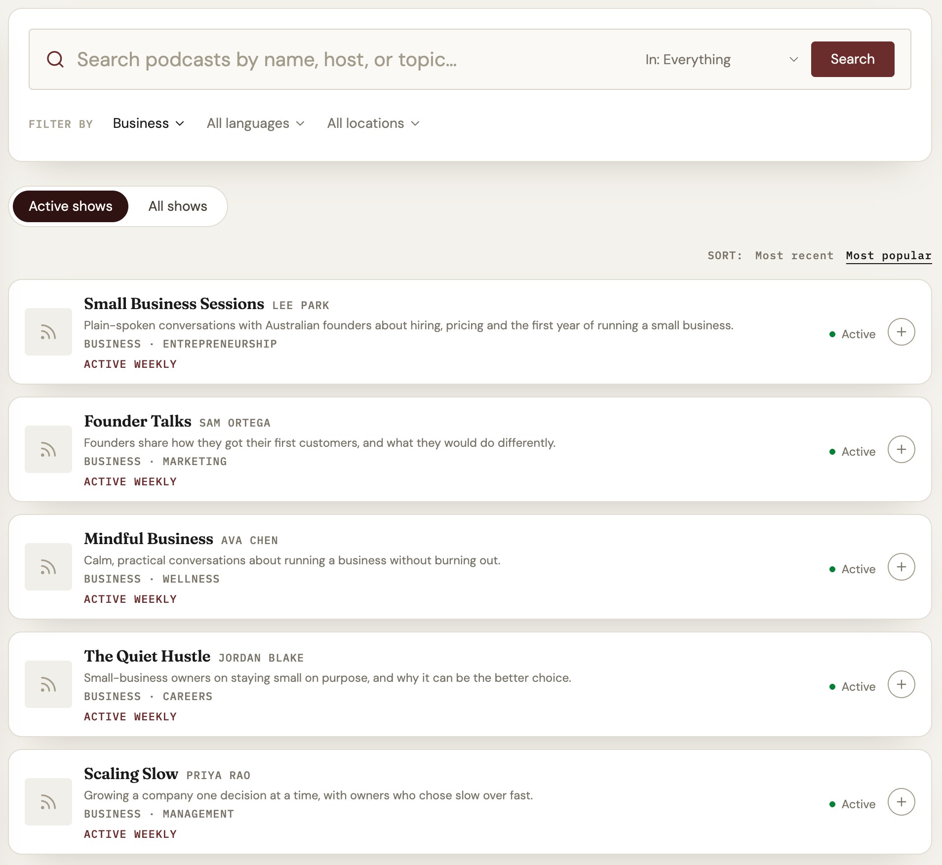 The Podcast Assistant's browse screen showing search results with activity status, topics, and last episode dates