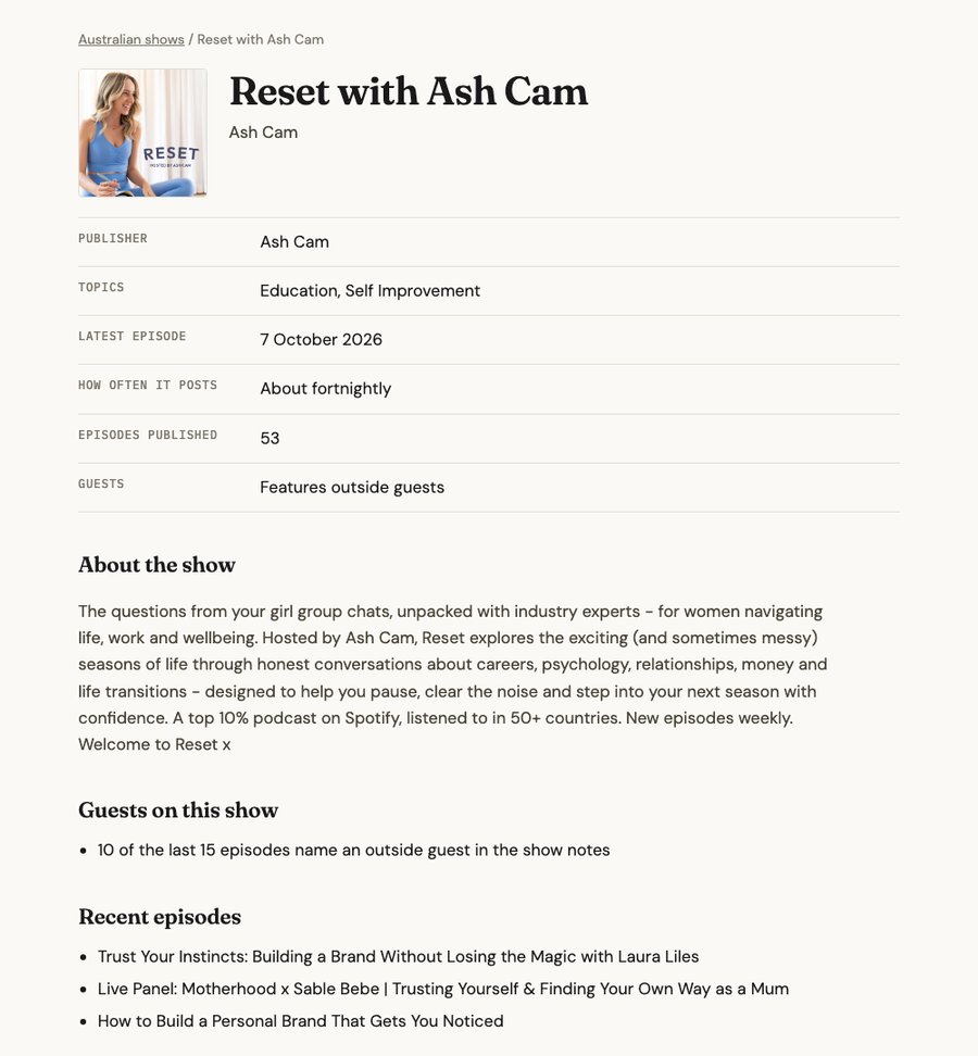 A show page on The Podcast Assistant's Australia and New Zealand list, showing the publisher, topics, latest episode, how often it posts, guest signal and recent episodes